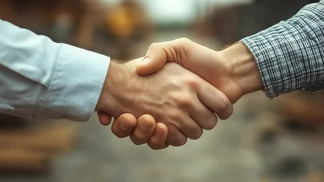 Close-up handshake, business deal or agreement in a construction setting