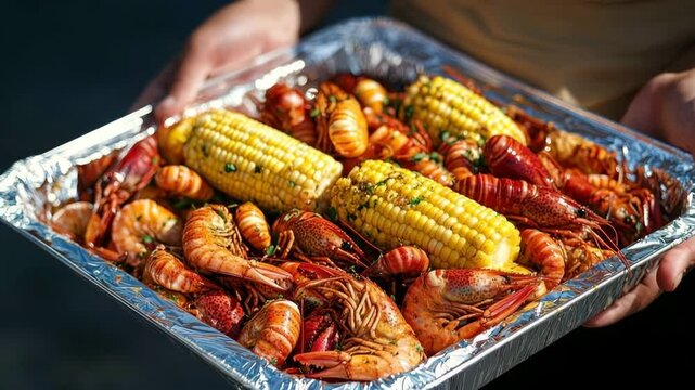 A vibrant assortment of shrimp and crab mixed with corn is served at an outdoor event