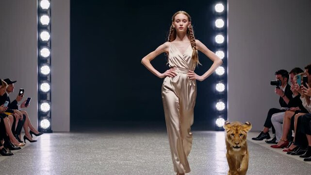 Confident fashion model walking runway in stylish jumpsuit, accompanied by lion cub, capturing photographers' attention during high fashion presentation