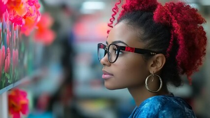 Young woman with glasses looking thoughtfully at display - Powered by Adobe