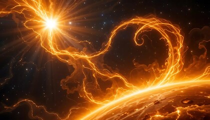 Solar Flare Space Warp Effect
An abstract background showing a bright solar flare warp effect, with orange-yellow plasma arcs bending and distorting space against a dark starry backdrop