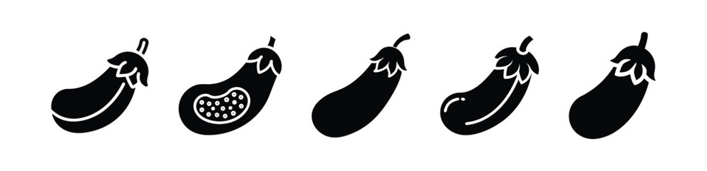 Collection of eggplant silhouettes, perfect for culinary designs, healthy eating concepts, or farm fresh illustrations.