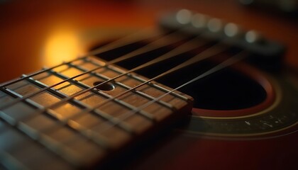 Fototapeta premium Acoustic Guitar Strings and Fretboard in Warm Light, Music Instrument