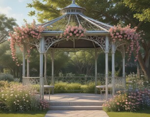 Pastel floral banners adorn a charming metal gazebo in a scenic outdoor setting  , textile, garden