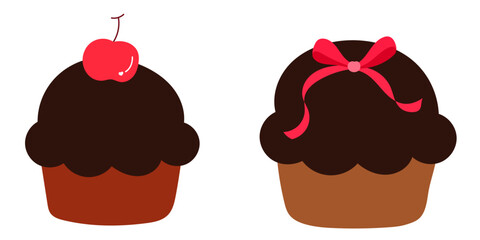 Set of chocolate muffin with cherry topping and ribbon bow decoration, sweet dessert and bakery flat vector illustration