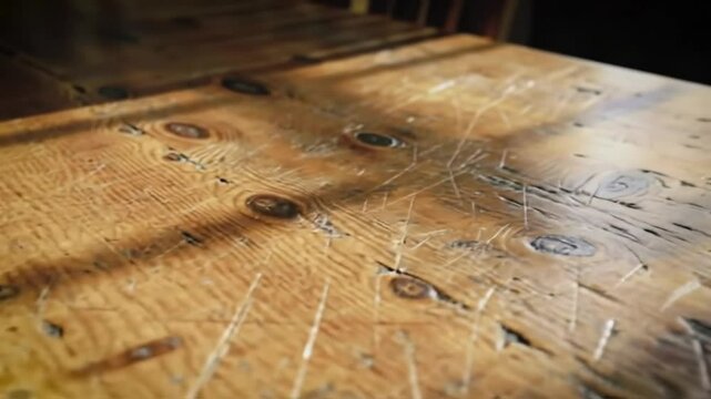 Rustic Wooden Tabletop Close-Up with Natural Light and Textured Surface