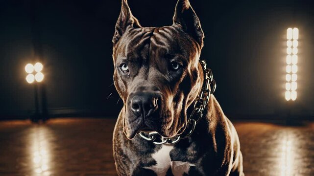 Powerful pitbull dog with a chain collar sits majestically under bright stage lights, exuding confidence and strength in a dimly lit studio
