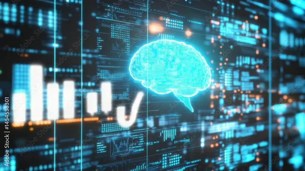 Poster futuristic digital brain with data streams and technology interface in blue neon colors