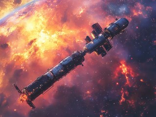 Obraz premium Futuristic spacecraft orbiting a fiery planet