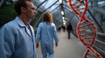 Scientists observing a DNA model in a modern greenhouse with multiple visitors and molecular structure