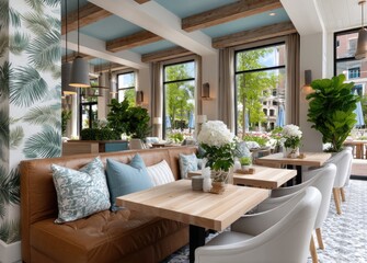 A bohemian-style restaurant with wallpaper featuring palm leaves, leather sofas and chairs, wooden tables, hanging lamps