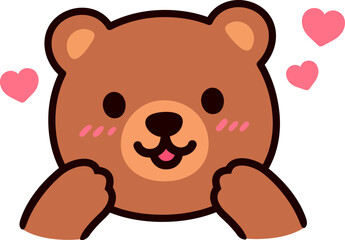 Cute cartoon bear face blushing with hearts. Kawaii character sticker drawing, vector illustration.