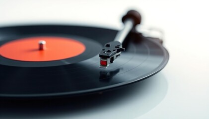 Turntable vinyl record close up, white backdrop, white, sound