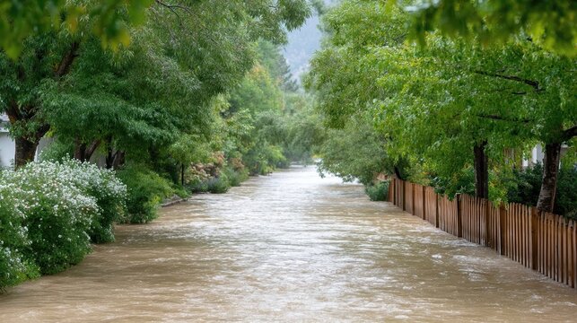 Flooded street in residential area during flash flood warning near a city with heavy rainfall