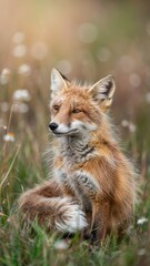 Fototapeta premium Serene red fox resting in a meadow with tall grass and white wildflowers