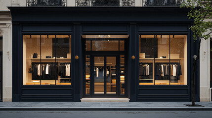 A fashionable clothing boutique showcases a variety of chic garments through large glass windows. The elegant storefront is designed with a contemporary aesthetic, inviting customers to explore