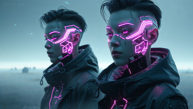Two futuristic cybernetic human portraits glowing with neon pink light and cyberpunk aesthetic