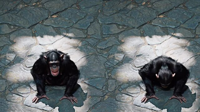 Professional chimpanzee sitting on stone floor, exhibiting playful facial expressions and showing teeth while basking in bright sunlight, displaying characteristic primate behavior and emotions