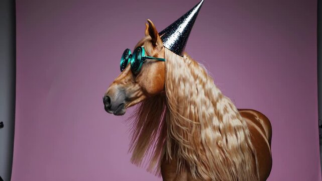 Spiraled party glasses adorning luxurious palomino horse head, dramatically shaking golden mane against vibrant pink studio backdrop, exuding playful whimsical personality