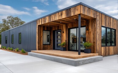A modern barn-style house, with a blue, white, and brown color scheme, features small windows on the front