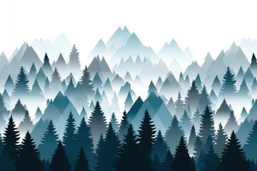 Fototapeta premium A stylized, muted landscape of towering mountains and dense forests.