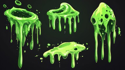 Five vibrant green slime dripping puddle illustrations on black background.