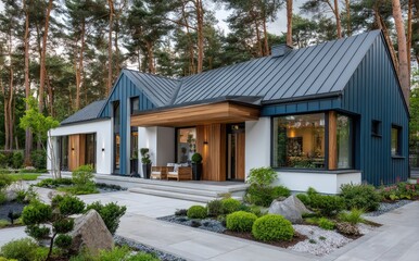 A modern barn-style house, with a blue, white, and brown color scheme, features small windows on the front