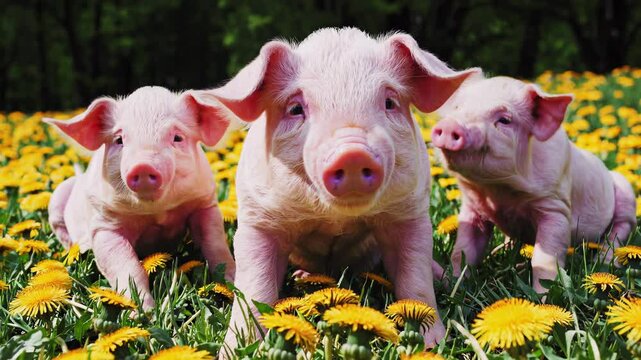 Three adorable pink piglets frolic and explore a vibrant field of yellow dandelions, their playful nature evident as they interact with each other and their surroundings