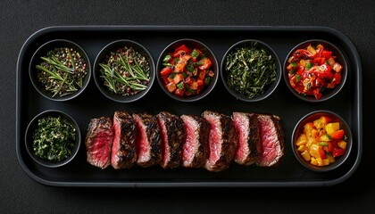 Sliced steak with assorted sides