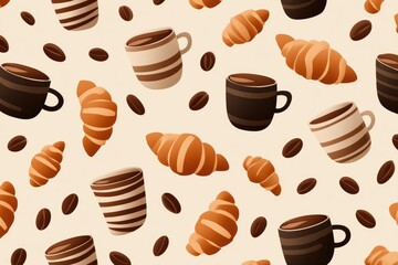 Obraz premium Repeating pattern of coffee cups and croissants.