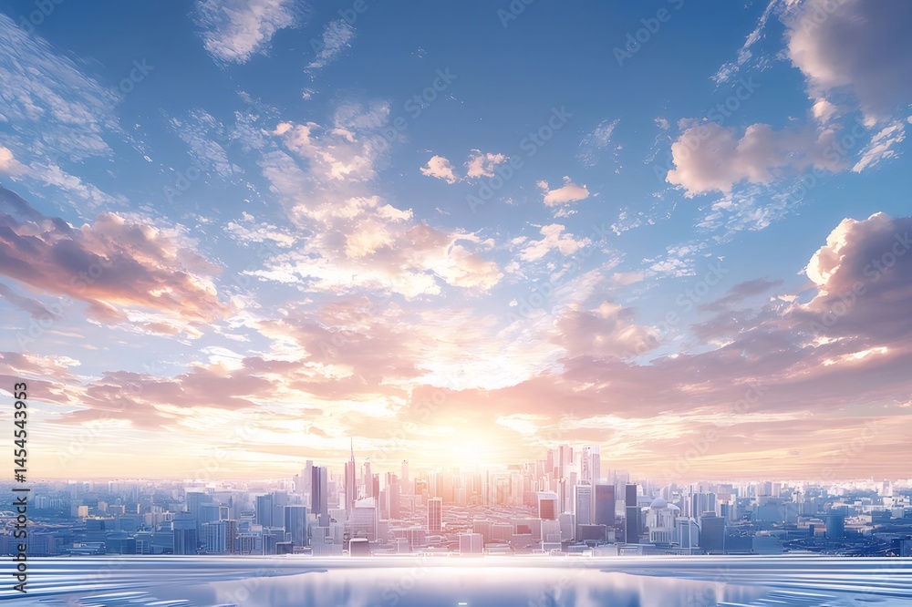 Aufkleber 夕焼け空と都市のパノラマビュー 鮮やかな青とオレンジ色の雲と高層ビルが輝く 水面のリフレクション