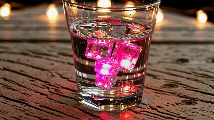 Colorful led ice cubes illuminate a glass of water, resting on a rustic wooden table, creating a vibrant and festive atmosphere enhanced by the warm glow of string lights in the background - Powered by Adobe