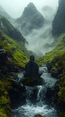 A meditative figure contemplates the misty mountain stream below an ancient bridge