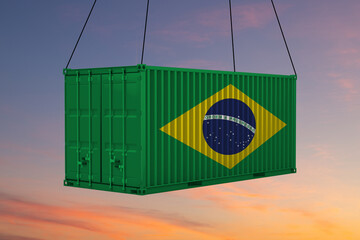 Freight shipping container with flag of Brazil on crane hook - 3D illustration