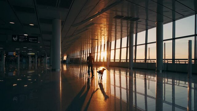 Golden hour soft light bathes empty airport terminal, casting long silhouettes of security guard and canine partner walking across gleaming reflective floor, creating serene morning scene