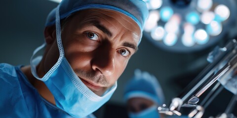 A man in a blue surgical mask is looking at the camera. Concept of professionalism and focus, as the man is likely a surgeon preparing for a procedure