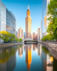 Naklejka premium A city's sunrise reflected in calm waters, showcasing a tall, slender skyscraper amidst other buildings and lush greenery