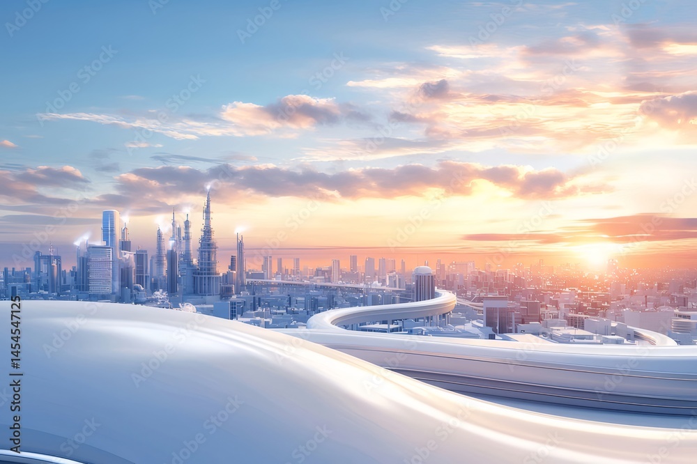 Aufkleber 未来都市の夕焼け 鮮やかな色と未来的な建物の風景 光り輝く都市景観 鮮やかな空と雲