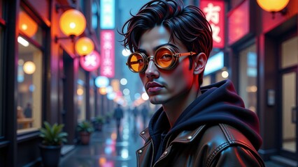 Stylish Man Wearing Steampunk Glasses At Night