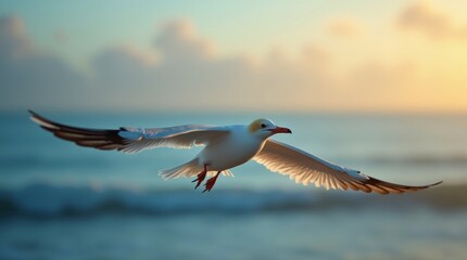 High-resolution stock photo of a majestic bird, such as a seagull or albatross, soaring overhead, its wings fully extended, with the warm golden light of dawn casting a gentle glow on its feathers
