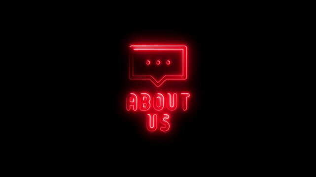 Neon glowing about us text message bubble on black background