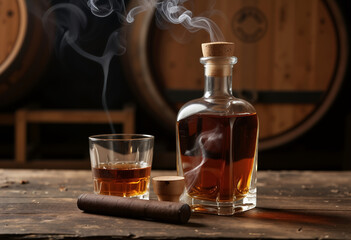 Whiskey bottle, glass, and cigar evoke luxury and indulgence against a backdrop of aged barrels.