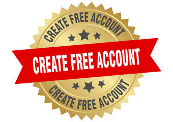 create free account. create free account round red and gold label isolated on transparent background
