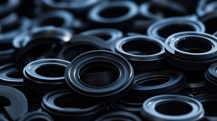 Close-up of numerous black rubber O-rings.