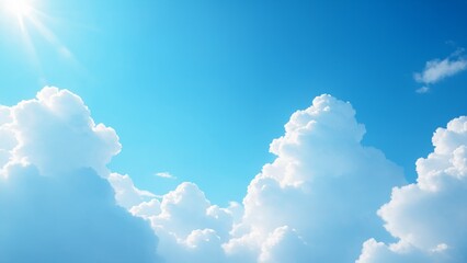 Sunny Blue Sky Cloudscape Banner &ndash; Summer Weather Background with Sun Rays