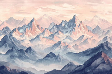 Fototapeta premium Stylized mountain landscape illustration with soft pastel colors and intricate details, evoking sense of tranquility and wonder