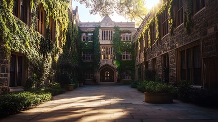 Fototapeta premium Sunlit courtyard of a historic stone building with ivy.