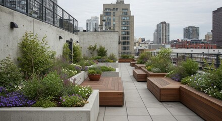 Urban rooftop garden with seating area