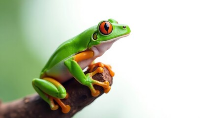 Obraz premium Green tree frog perched on white, vibrant color , green, skin