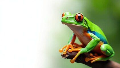 Naklejka premium Green tree frog, perched on white, vibrant colors, macro photography, summer, closeup